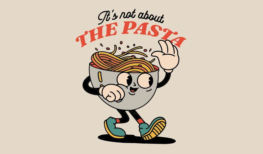 Plantilla de diseño para camiseta Diseño de personaje de pasta divertido con cita humorística.