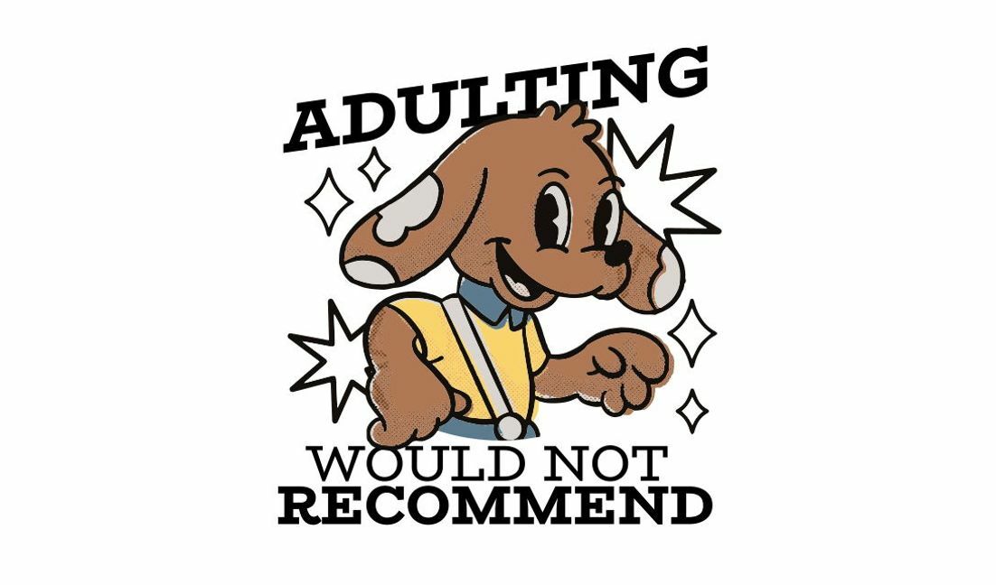 Modelo de design para camiseta Personagem de cachorro brincalhão com citação sobre vida adulta