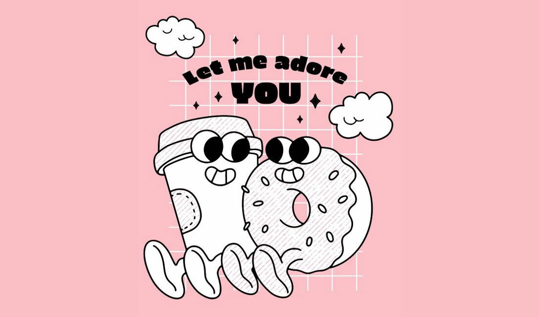 Cute coffee and donut couple illustration t-shirt design template