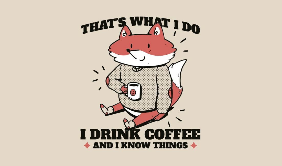 Modelo de design para camiseta Ilustração fofa de uma raposa bebendo café