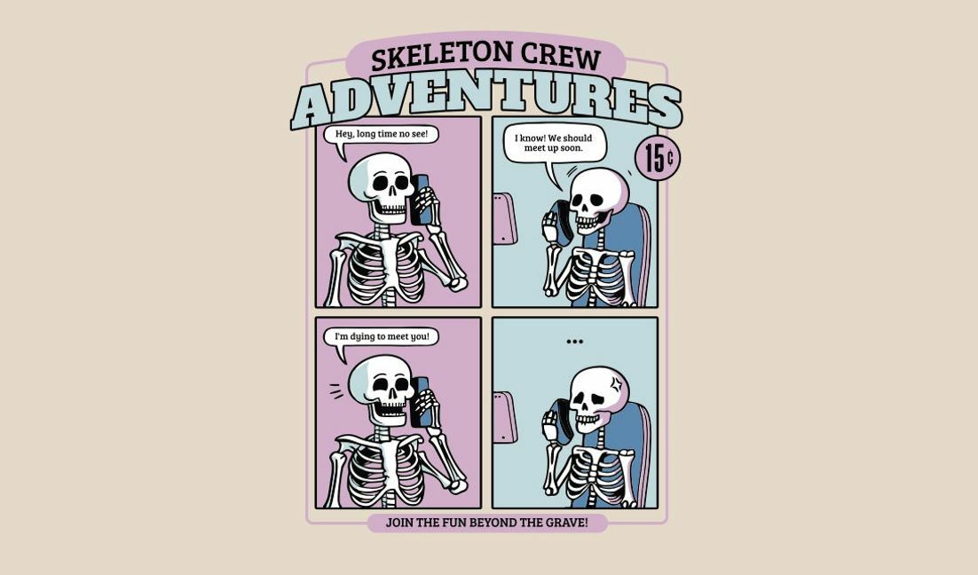 Whimsical skeleton comic strip design t-shirt design template