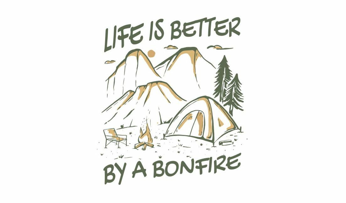 Camping life quote design featuring mountains and bonfire t-shirt design template
