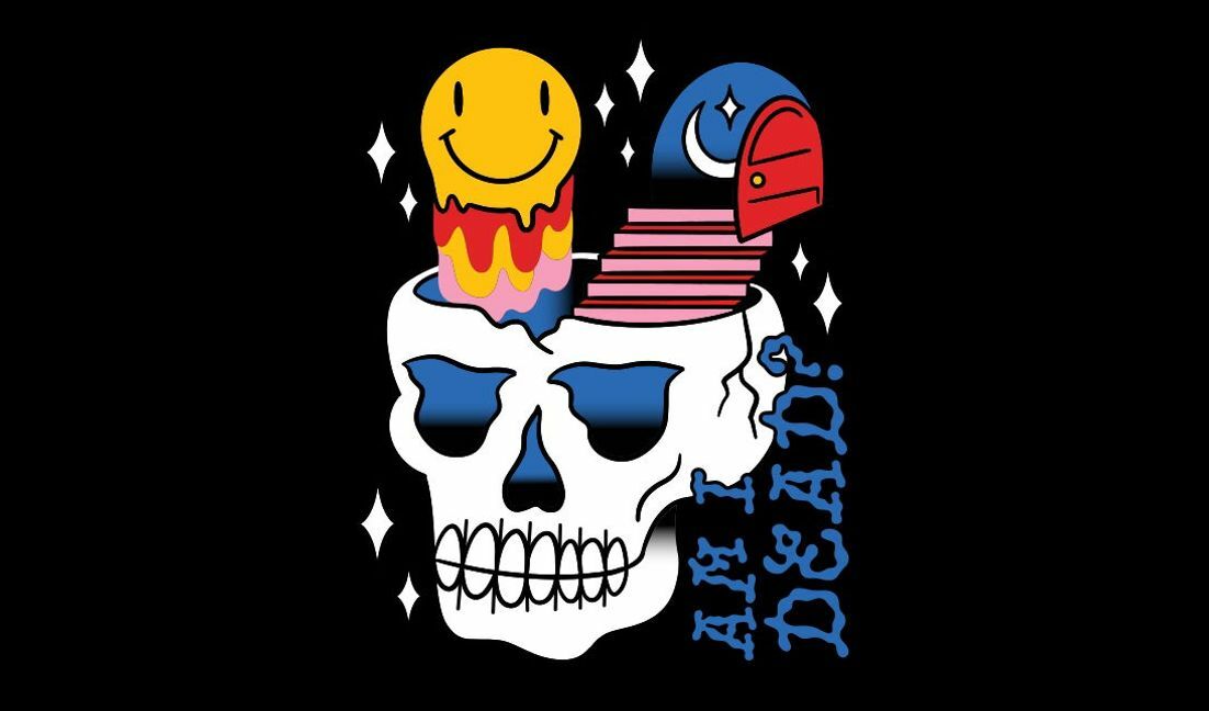 Whimsical skull design with playful elements t-shirt design template