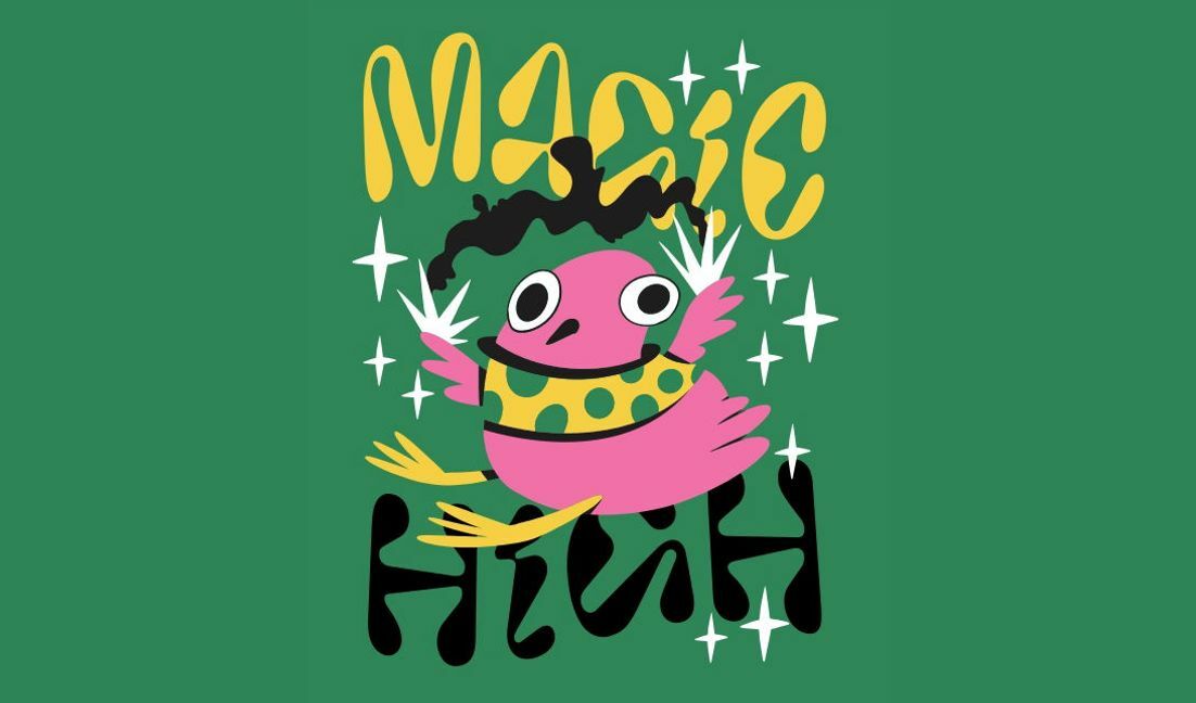 Playful magic bird illustration t-shirt design template