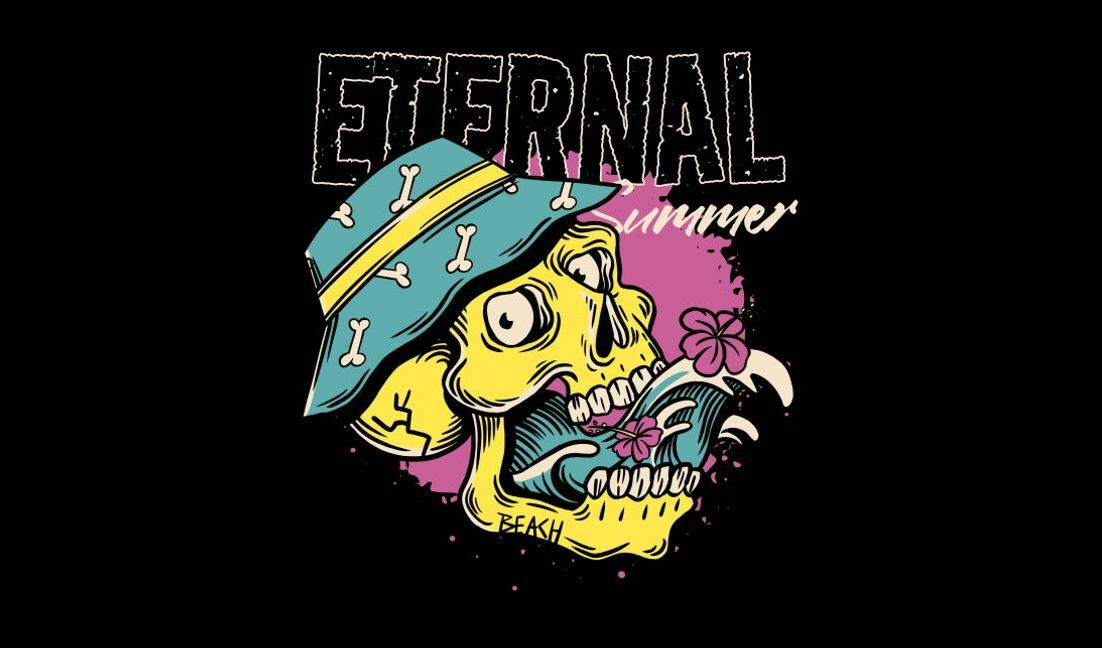 Modelo de design para camiseta Design gráfico com tema de caveira e verão