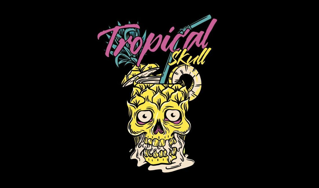 Modelo de design para camiseta Ilustração de coquetel de caveira tropical