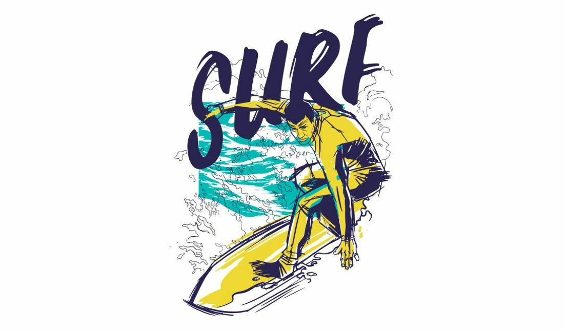Modelo de design para camiseta Ilustração dinâmica de surf com tipografia em negrito