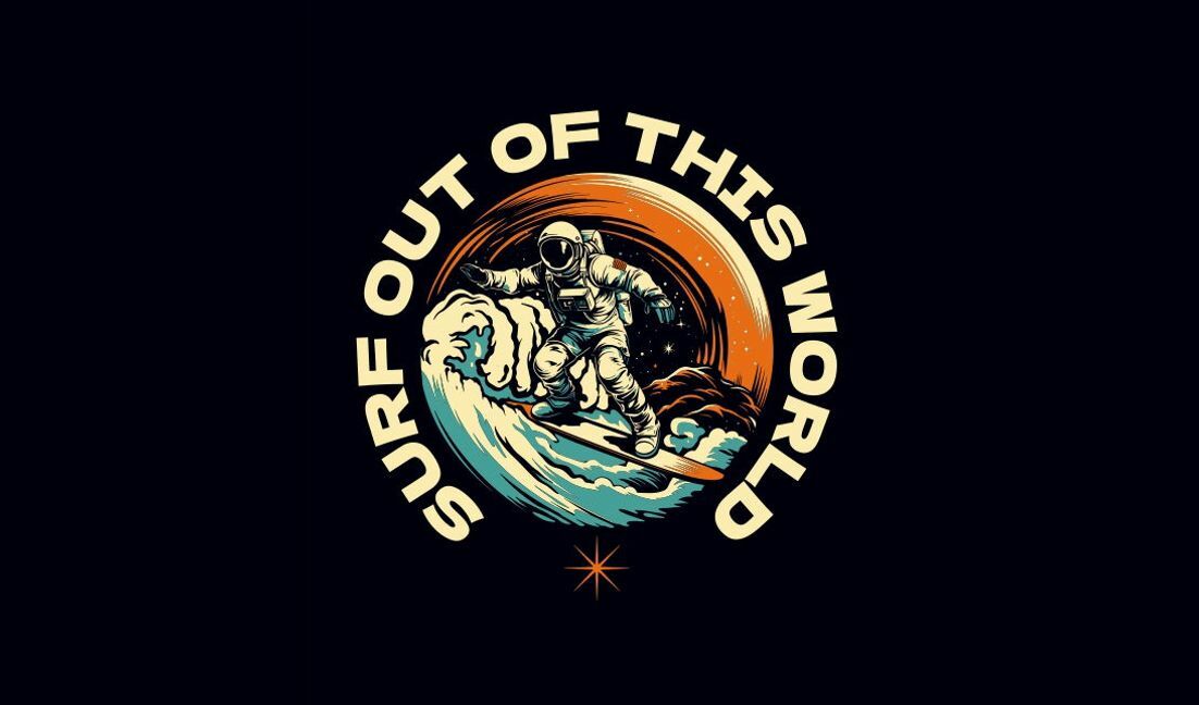 Plantilla de diseño para camiseta Diseño gráfico de astronauta surfeando