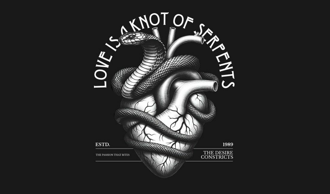 Kompliziertes Herz- und Schlangendesign spiegelt die Komplexität der Liebe wider T-Shirt-Designvorlage