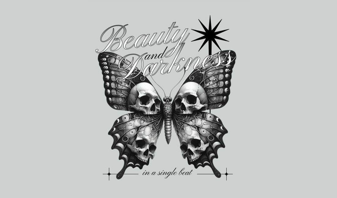 Aufwendiges Schmetterlings- und Totenkopf-Design mit dem Thema Schönheit und Dunkelheit T-Shirt-Designvorlage