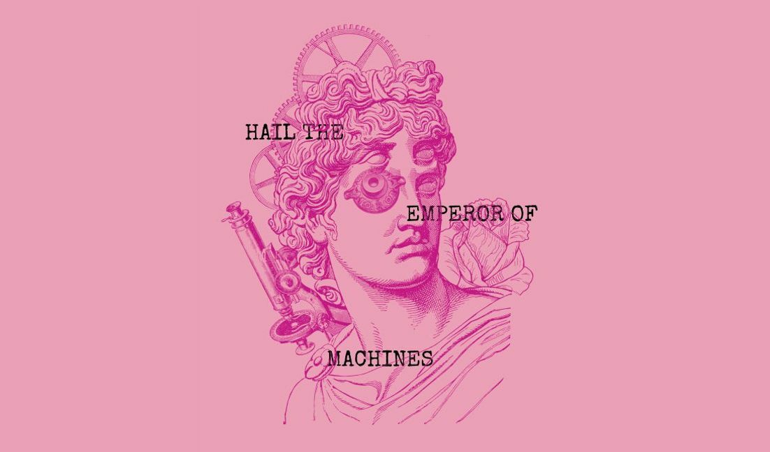 Futuristic vintage art print featuring mechanical emperor t-shirt design template