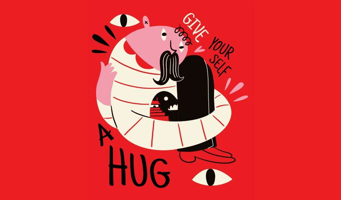 Modelo de design para camiseta Ilustração lúdica de amor próprio com citação de abraço