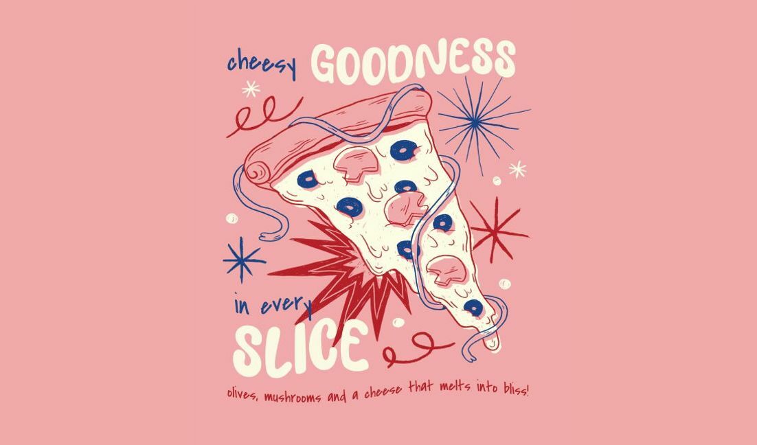Playful pizza slice design with fun toppings t-shirt design template