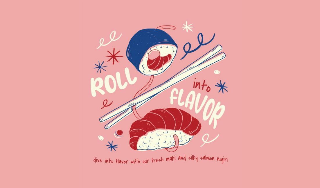 Whimsical sushi roll design with playful slogan t-shirt design template