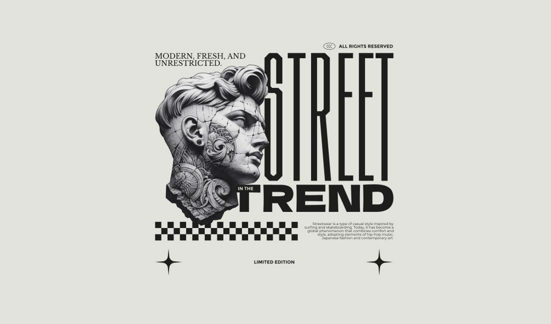 Modelo de design para camiseta Design de pôster de streetwear moderno com escultura artística
