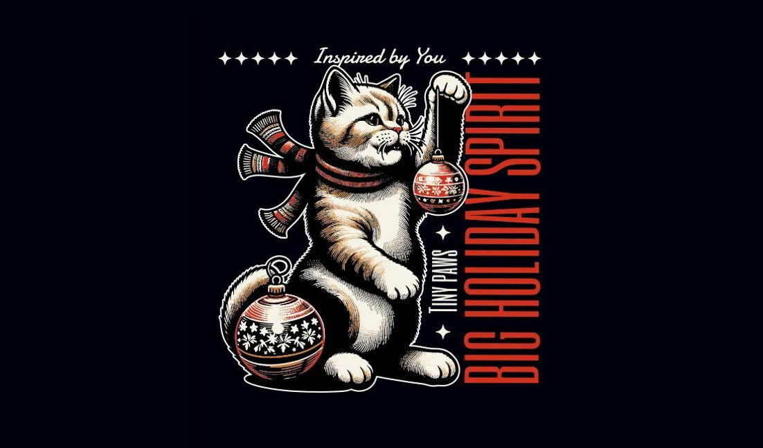 Playful holiday cat design with ornaments t-shirt design template