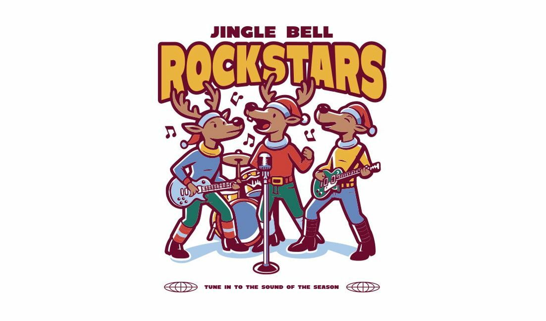 Modelo de design para camiseta Ilustração divertida de rena com estrelas do rock de Natal