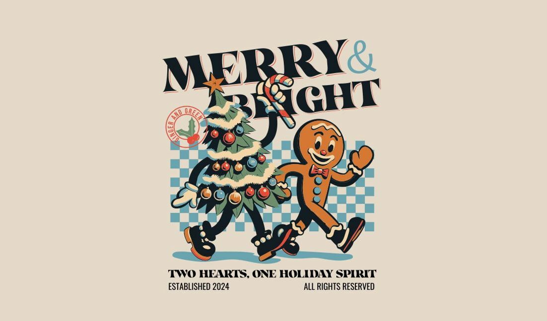 Playful holiday illustration with gingerbread and christmas tree t-shirt design template