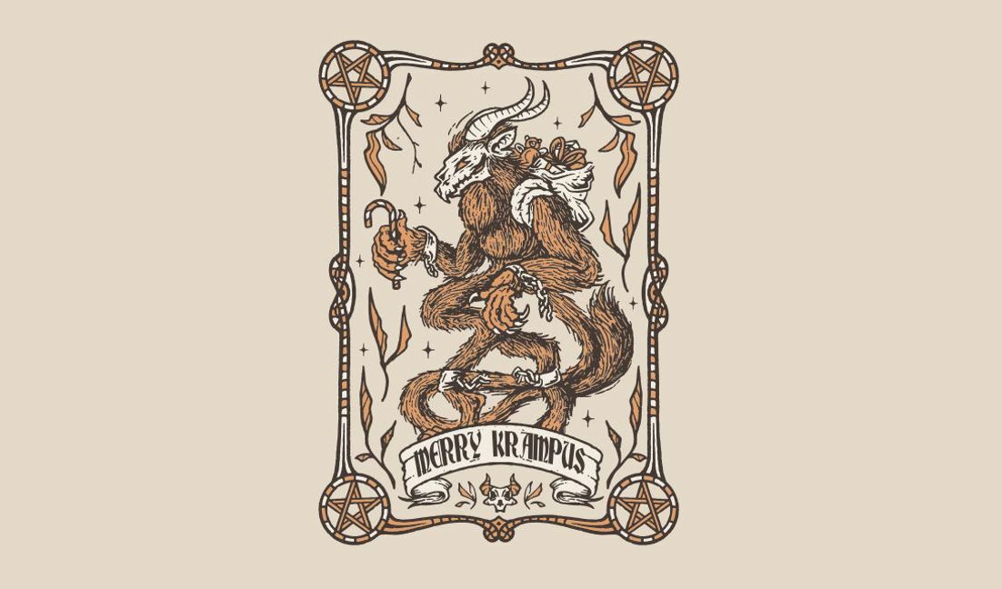 Whimsical krampus holiday illustration t-shirt design template