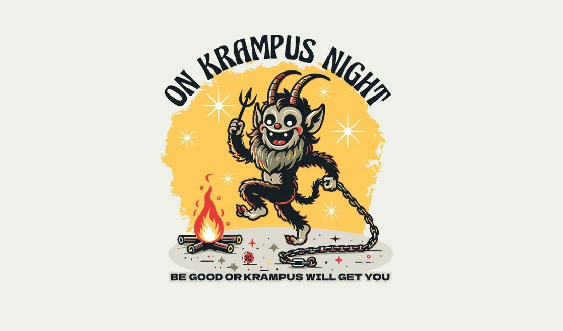 Modelo de design para camiseta Ilustração divertida da noite do Krampus com aviso