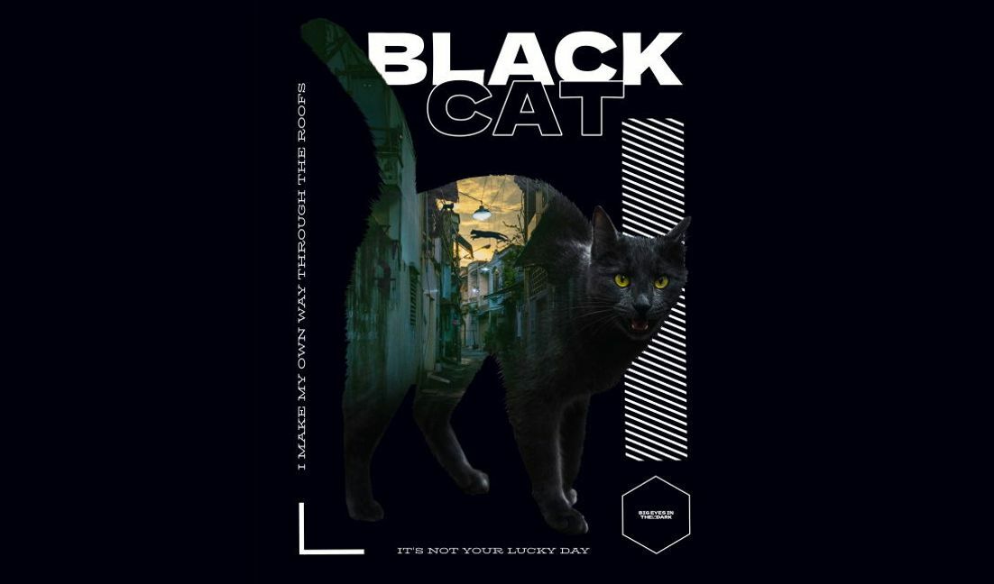 Unique black cat silhouette design with urban landscape t-shirt design template
