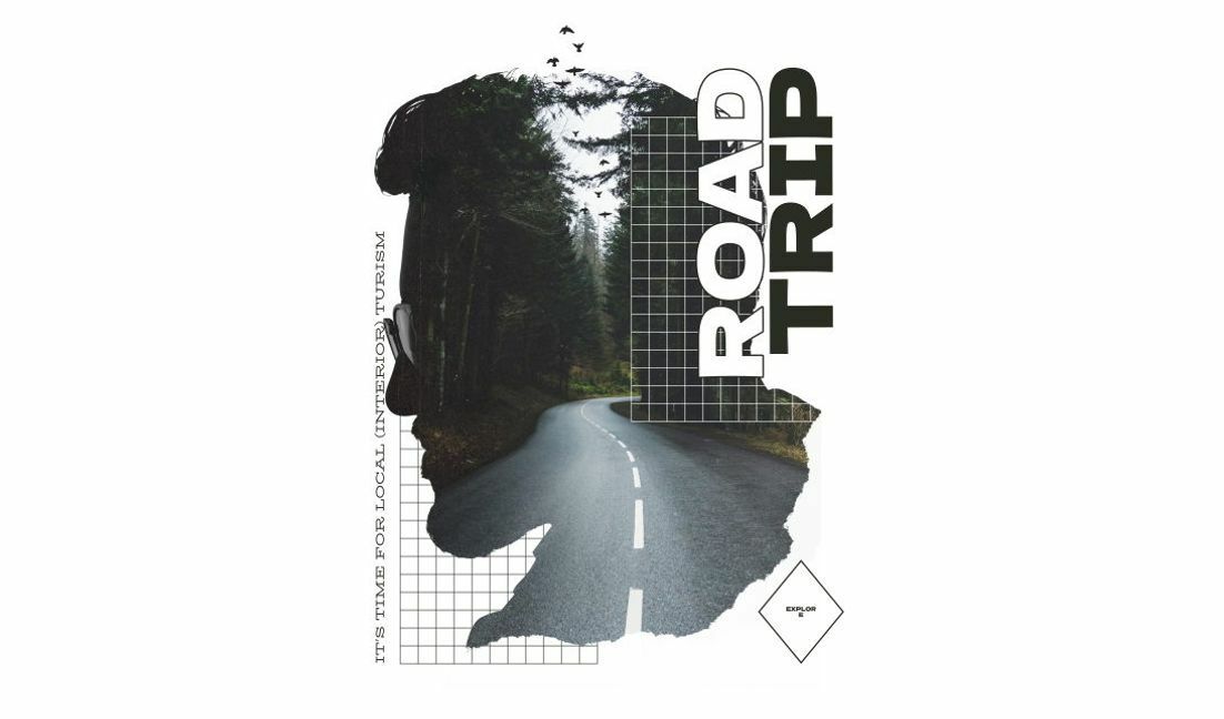 Stylish road trip poster design with silhouette and grid elements t-shirt design template