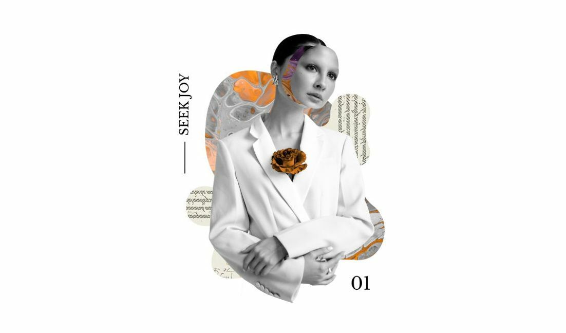 Plantilla de diseño para camiseta Pieza de arte de collage moderno con un mensaje de búsqueda de alegría.