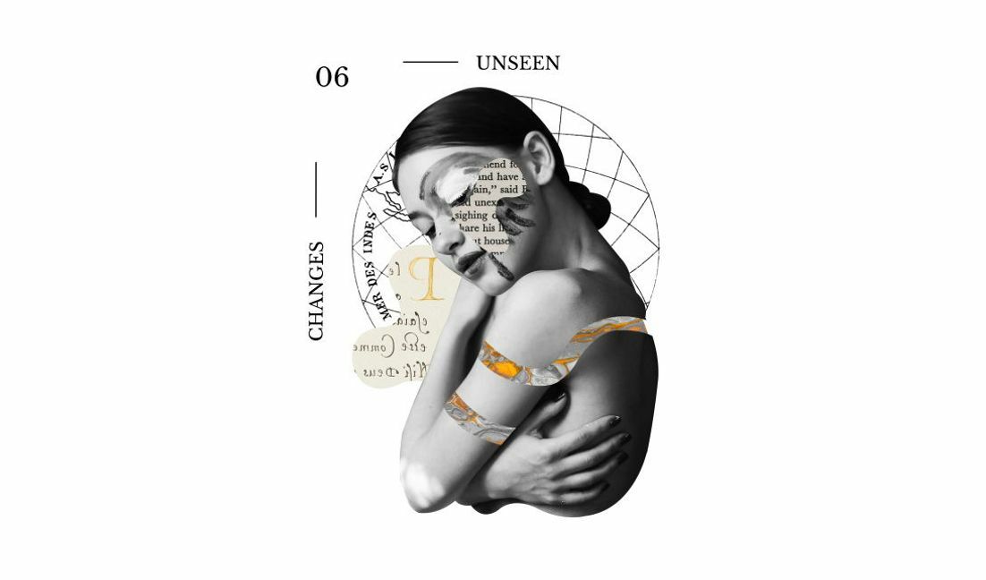 Artistic collage of a woman symbolizing unseen changes t-shirt design template