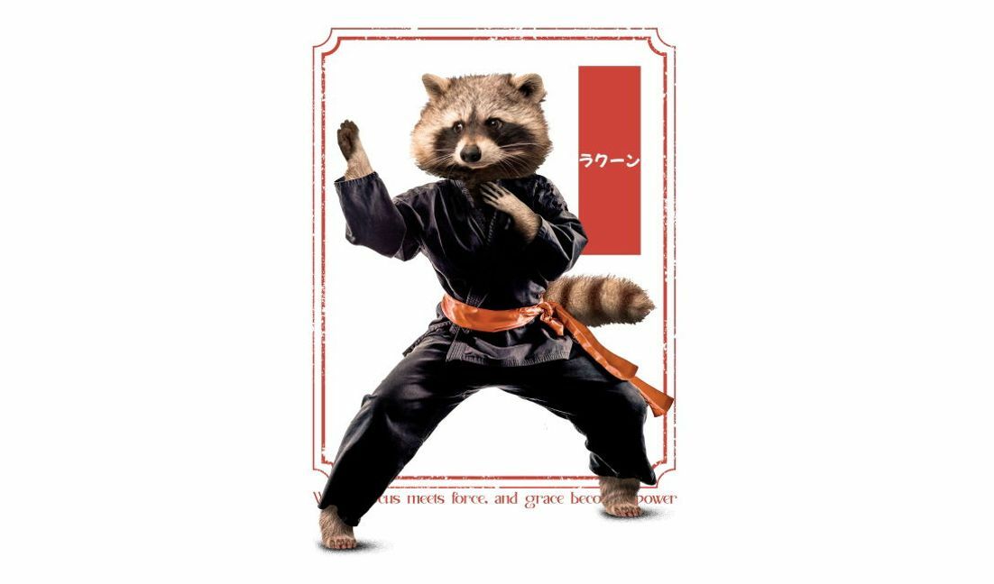 Playful martial arts raccoon illustration t-shirt design template