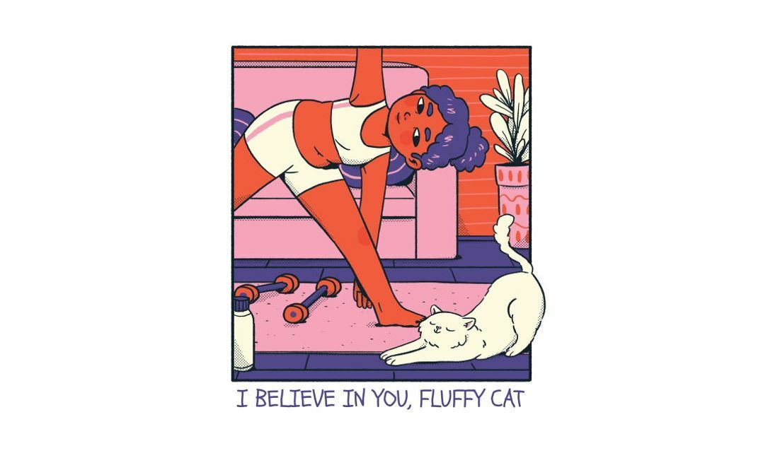 Motivational fitness illustration with cat t-shirt design template