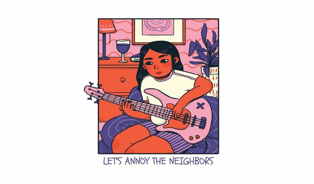 Playful girl playing guitar illustration t-shirt design template