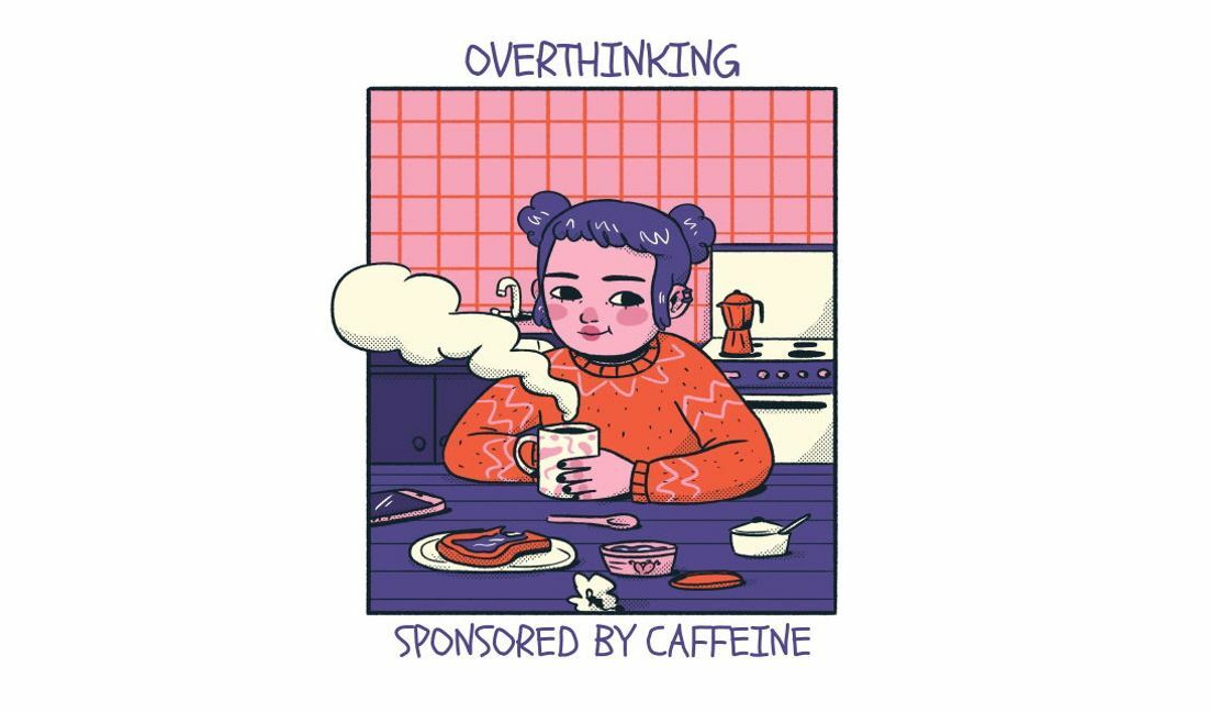 Playful overthinking illustration featuring coffee and comfort food t-shirt design template