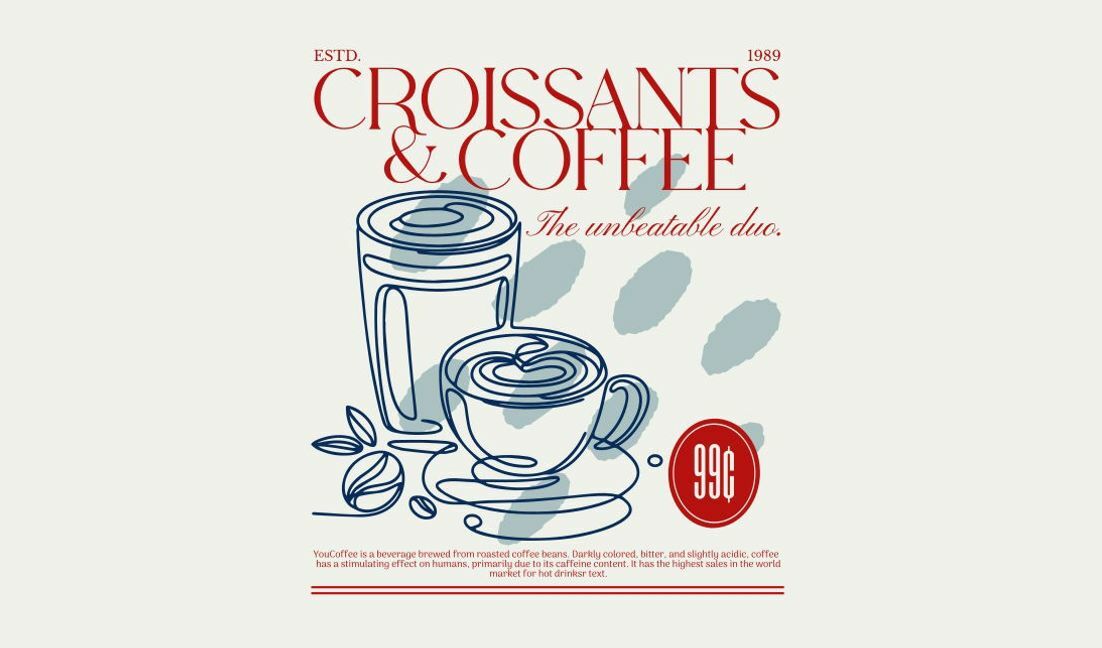 Kaffee und Croissants Typografie Kunst T-Shirt-Designvorlage