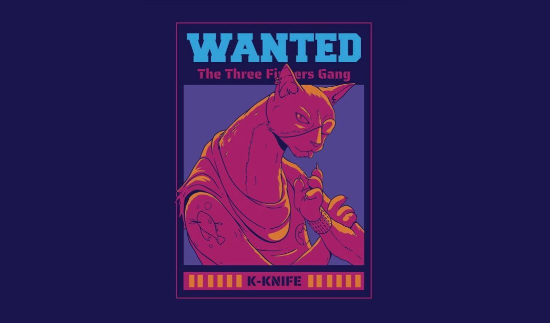 Modelo de design para camiseta Design de cartaz de procurado excêntrico com um personagem felino