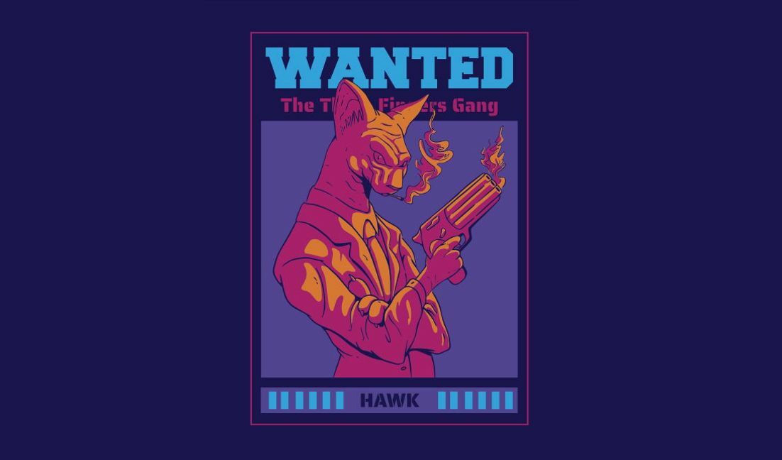 Modelo de design para camiseta Design exclusivo de cartaz de procurado com um gato de desenho animado