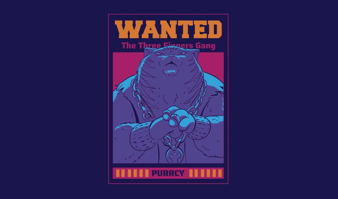 Playful wanted poster illustration of a cat gang leader t-shirt design template