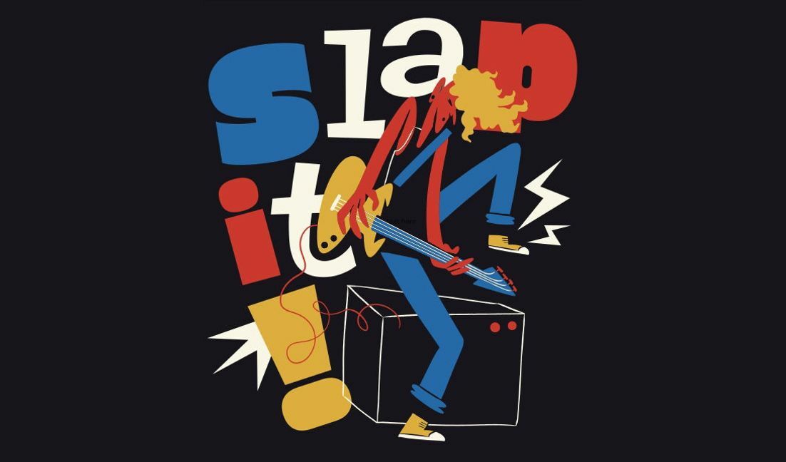 Dynamic guitar player illustration with slap it quote t-shirt design template