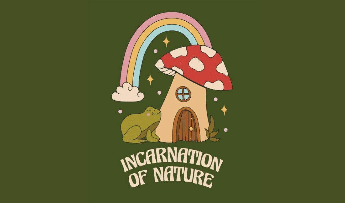 Playful mushroom house design with frog and rainbow t-shirt design template