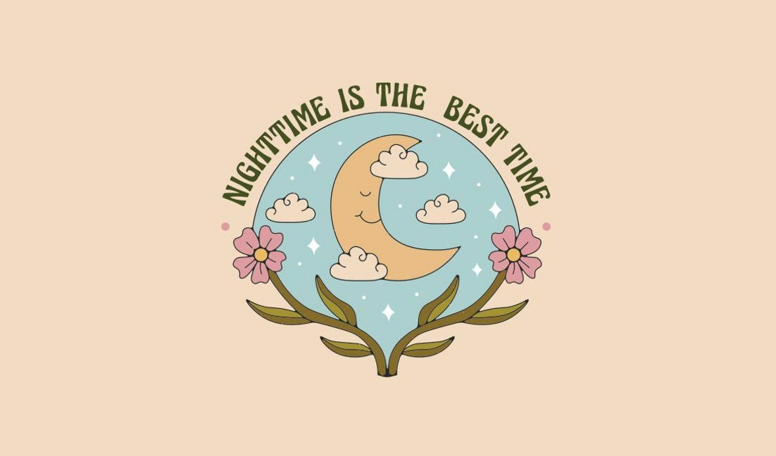 Modelo de design para camiseta Design de citação noturna com lua e flores caprichosas
