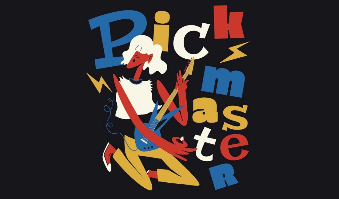 Modelo de design para camiseta Ilustração divertida com tema de guitarra e tipografia vibrante