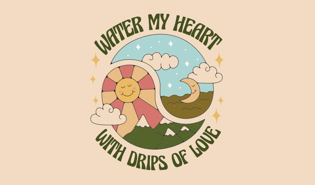 Whimsical water my heart design with sun and mountains t-shirt design template