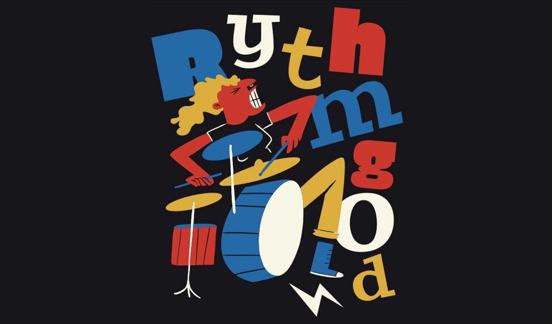 Modelo de design para camiseta Ilustração de baterista enérgico com texto rítmico