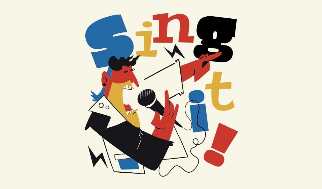Modelo de design para camiseta Ilustração dinâmica de canto com tipografia expressiva