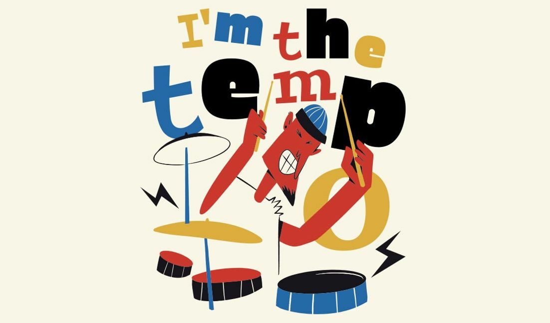 Energetic drummer illustration with playful typography t-shirt design template