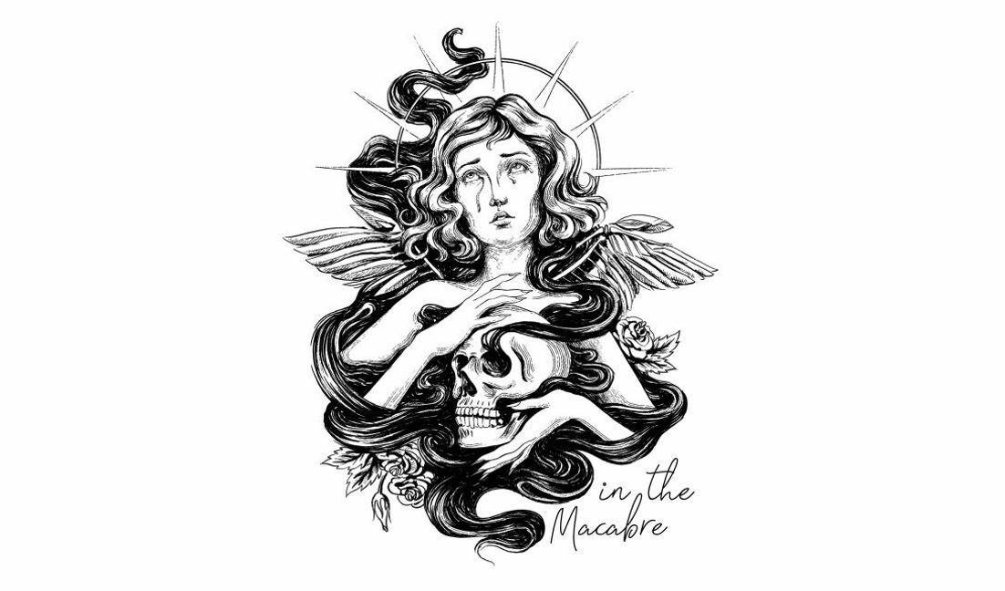 Intricate gothic angel illustration with skull t-shirt design template
