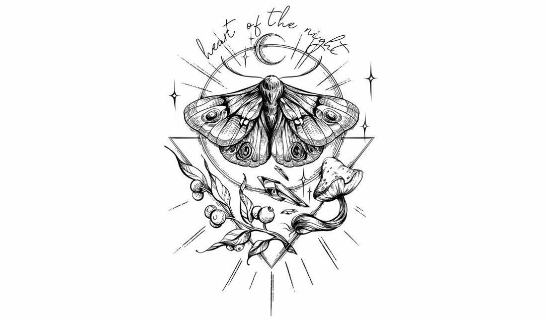 Intricate moth illustration with botanical elements t-shirt design template
