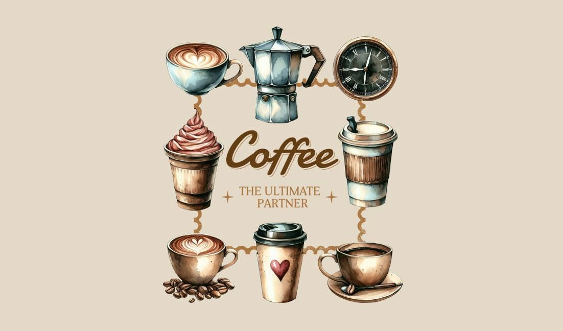 Plantilla de diseño para camiseta Diseño de ilustración con temática de café que presenta varias tazas de café.