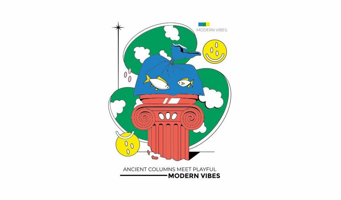 Modelo de design para camiseta Vibrações modernas e divertidas com design de colunas antigas
