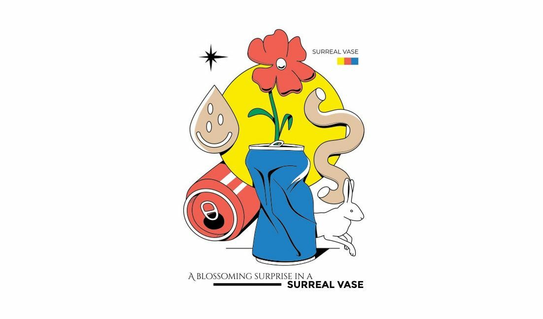 Modelo de design para camiseta Ilustração surreal de vaso com elementos caprichosos