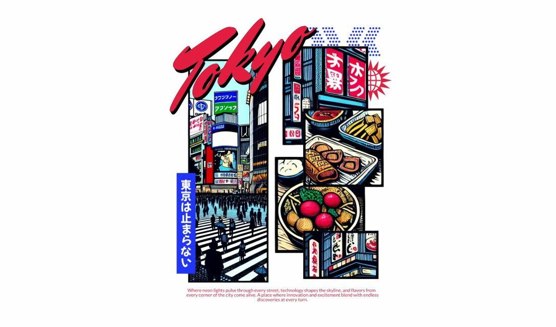 Lebendige Tokio-Stadtbildillustration T-Shirt-Designvorlage